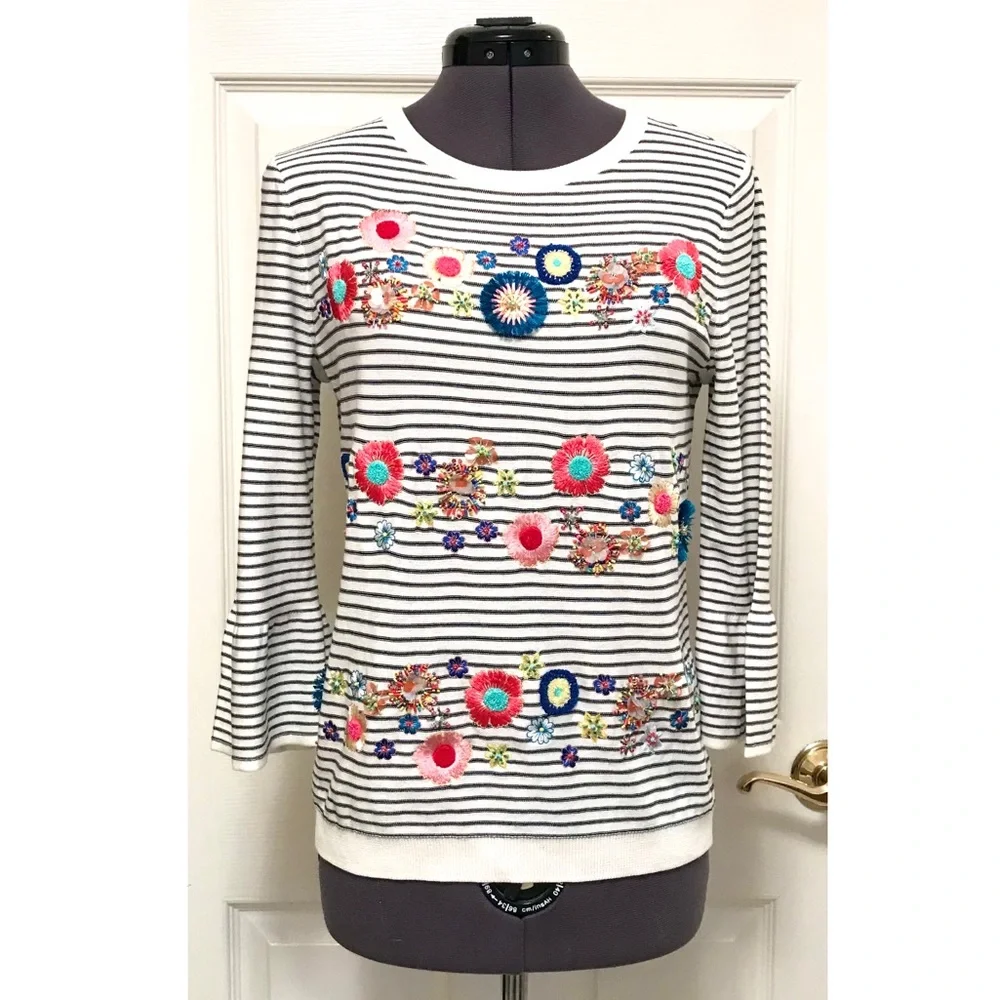 Talbots Floral Row Embellished Crewneck Sweater NWT